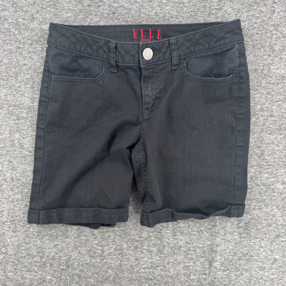 Elle Paris Womens Black Denim Shorts Embroidered Pockets Cuffed Size‎ 4